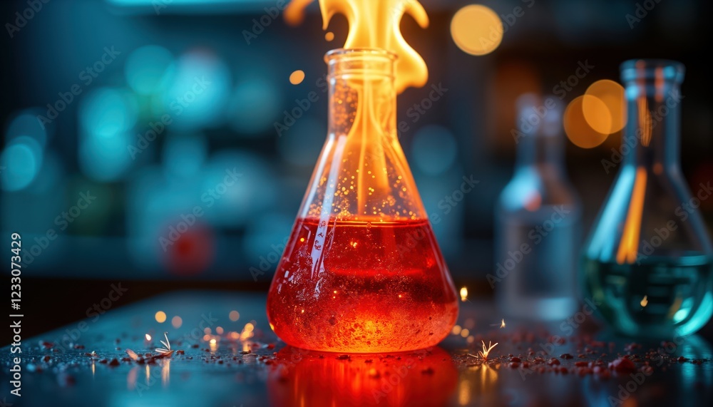 Flaming chemical reaction in lab. Beaker with red liquid burning. Sparks, flames create fiery lab scene. Scientific research in progress. Educational visual of chemical experiment. Investigation of Flaming chemical reaction in lab. Beaker with red liquid burning. Sparks, flames create fiery lab scene. Scientific research in progress. Educational visual of chemical experiment. Investigation of