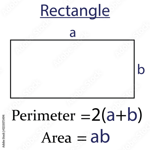 Perimeter and area of Rectangle in math. shapes in geometry. Vector illustration.