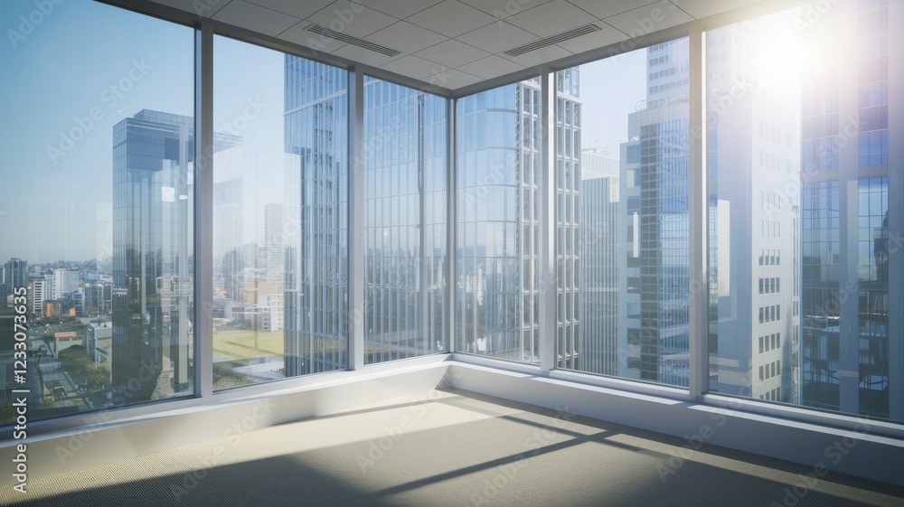 Modern corner office with panoramic city views, bright and spacious. Modern corner office with panoramic city views, bright and spacious.