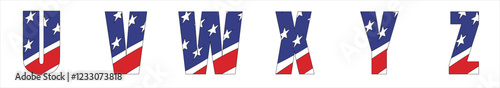Vector font on background 
of national flag of usa.
A set of letters of english alphabet UVWXYZ with
american pattern of stars and stripes for
clothing, fabric, textile, paper, inscription on t-shirt.