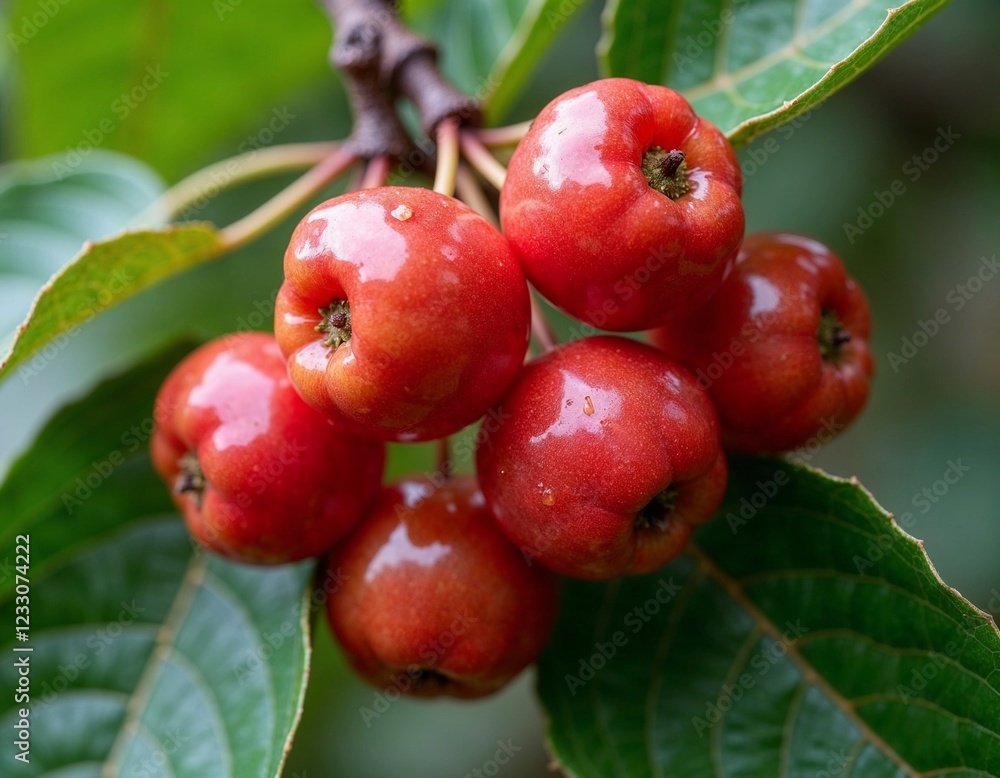 Ripe small red apples, fresh and shiny berries, growing on green leaves background, nature concept Ripe small red apples, fresh and shiny berries, growing on green leaves background, nature concept