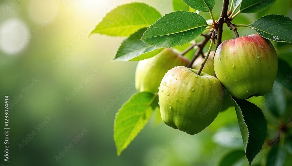 Fresh green apples, hanging on a branch, in a sunny garden, nature photography Fresh green apples, hanging on a branch, in a sunny garden, nature photography