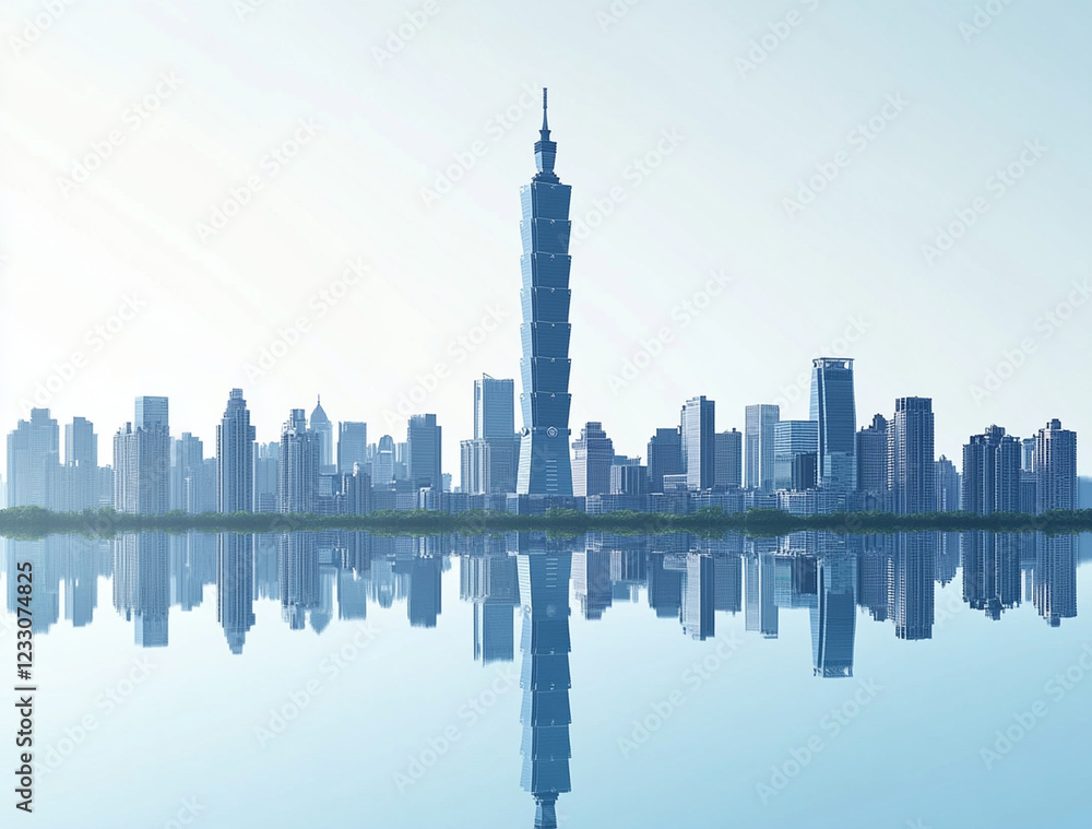 Fototapeta premium skyline of Taipei features iconic tower reflecting in calm waters, showcasing modern architecture and urban beauty