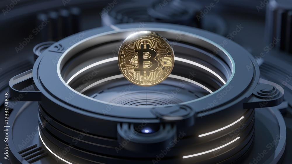 A golden Bitcoin floats in a futuristic, circular, technological device, symbolizing digital currency and innovation.