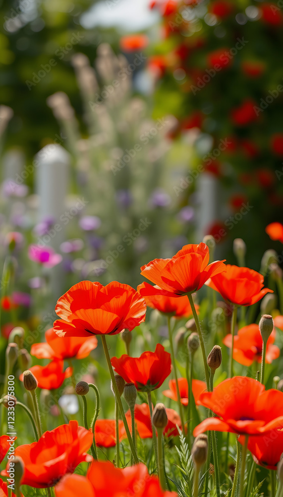 red poppies in the flowerbed in summer, detailed, with white tones red poppies in the flowerbed in summer, detailed, with white tones