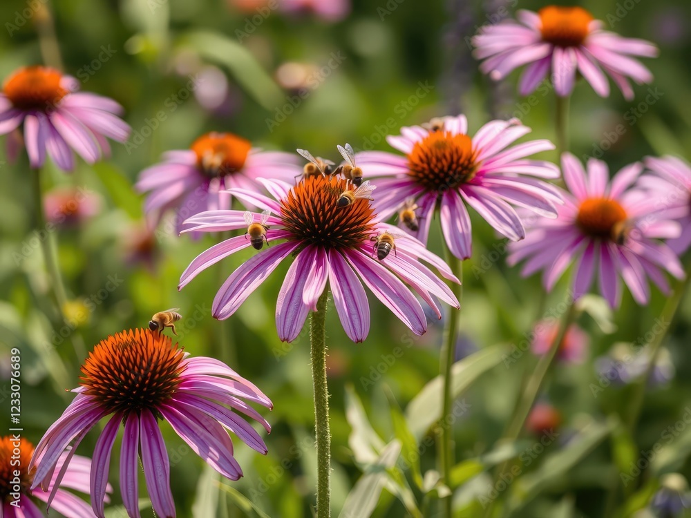 Obraz premium Echinacea flowers with bees flying around them indicating high pollen availability, wildflowers, bee behavior