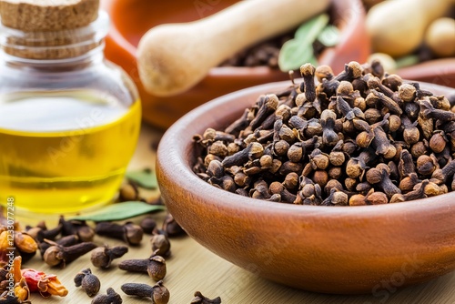 A bottle of clove essential oil with dried cloves, used in skincare, aromatherapy, and herbal medicine. photo