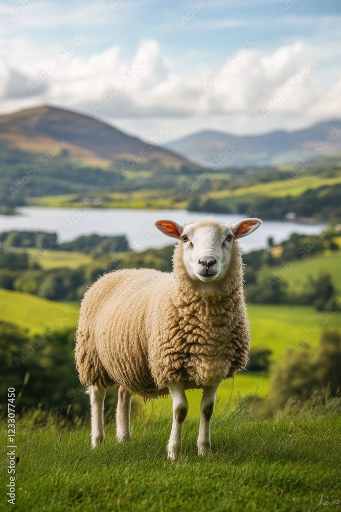 Fototapeta premium Sheep grazing in a lush green landscape with rolling hills and a serene lake in the background, showcasing rural life and natures beauty.