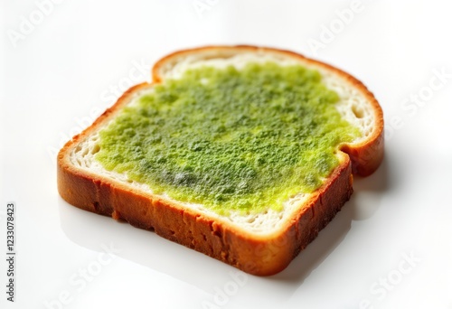 Close-up view of moldy bread slice. Visible green mold on white bread. Isolated on transparent background. Image illustrates food spoilage. Unhealthy food concept. Photo shows food decay process. photo