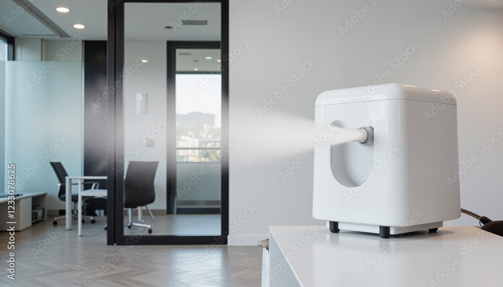 Compact disinfecting fogger machine emitting fine mist in modern office space