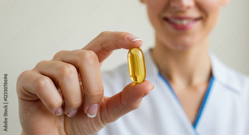 Gel capsule held by a person. Health supplement vitamin capsule in hand Gel capsule held by a person. Health supplement vitamin capsule in hand