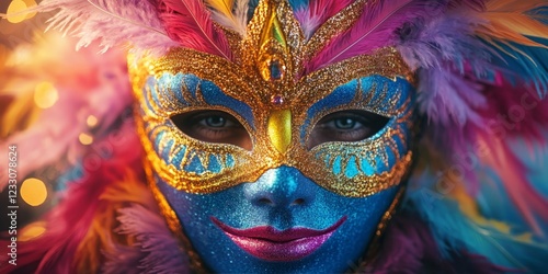 A vibrant carnival mask with colorful feathers and abstract particles on a dark background. Perfect for festivals or celebration themes.