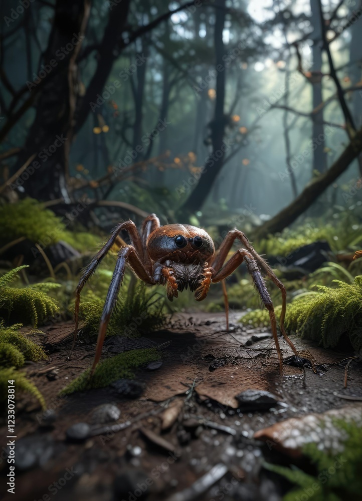 Fototapeta premium Enormous spider crawling on a dark forest floor, forest floor, arachnids, creepy crawlies