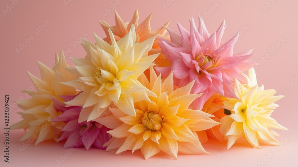 Obraz premium Vibrant dahlia bouquet against soft pink background showcasing multicolored petals