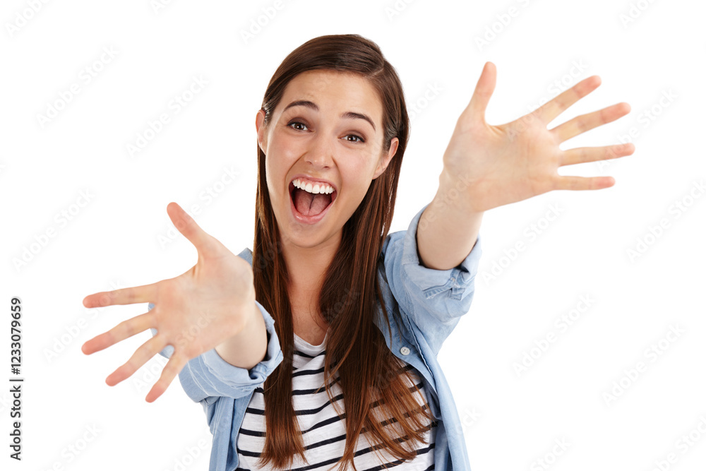 Portrait, hands out or excited woman for good news or celebration for winning bonus prize. Model, palm or face of happy female person in studio on white background with smile, success and achievement Portrait, hands out or excited woman for good news or celebration for winning bonus prize. Model, palm or face of happy female person in studio on white background with smile, success and achievement