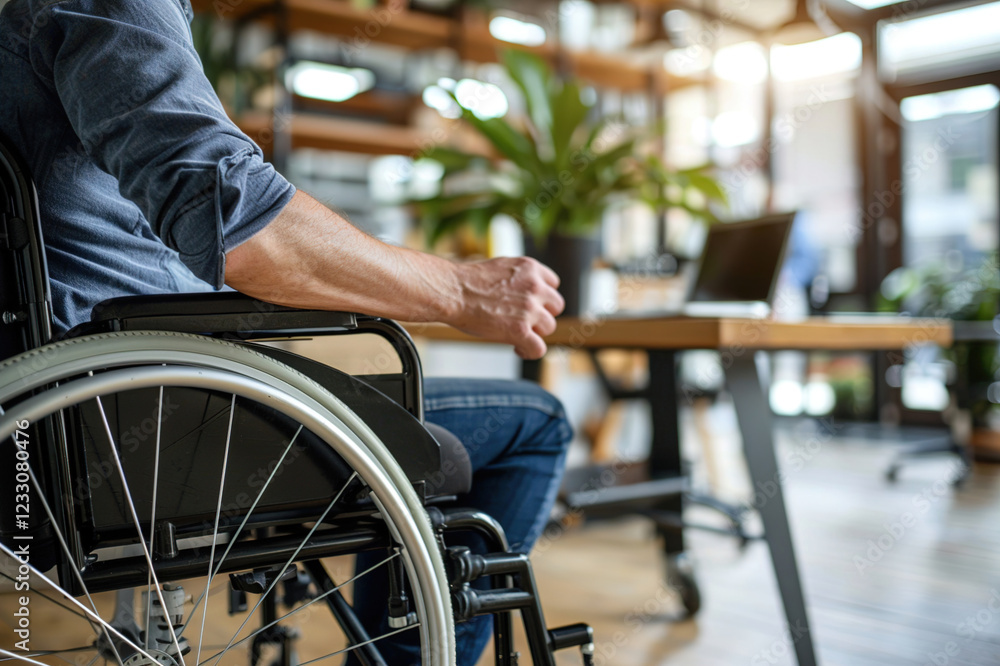 Obraz premium Man in a wheelchair in a compact office, working in professional atmosphere