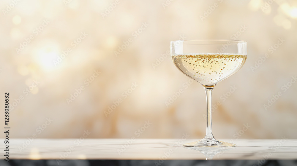 Sparkling wine with golden particles on a marble surface Sparkling wine with golden particles on a marble surface