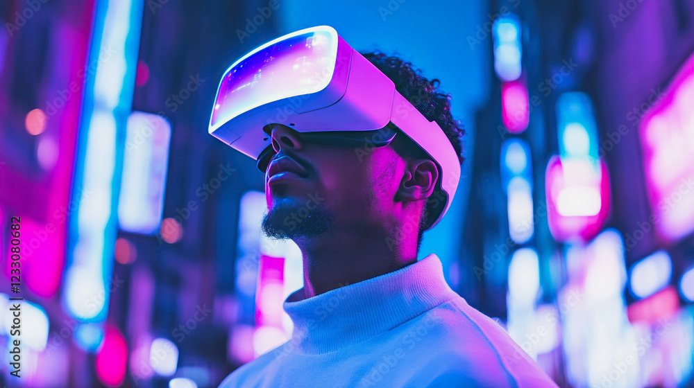 Young man experiences virtual reality in a vibrant cityscape Young man experiences virtual reality in a vibrant cityscape