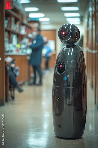 Robot assistant stationed in library hallway, interacting with visitors during daytime hours photo