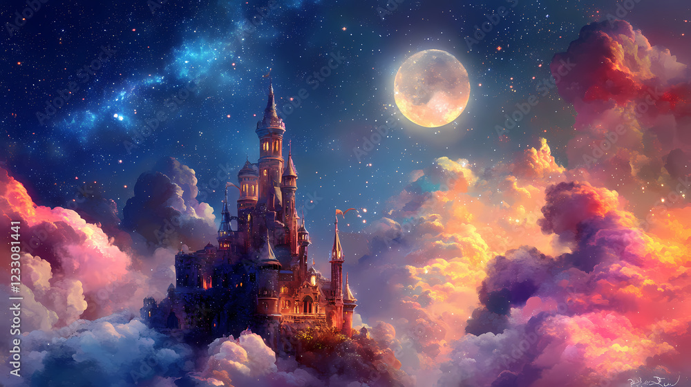 A whimsical castle bathed in moonlight, surrounded by colorful clouds and starlit skies, creating a magical night scene. Starlit Spire. Illustration A whimsical castle bathed in moonlight, surrounded by colorful clouds and starlit skies, creating a magical night scene. Starlit Spire. Illustration