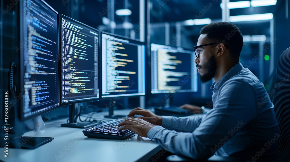 IT Professional in Modern Data Center With Dual Monitor Setup IT Professional in Modern Data Center With Dual Monitor Setup