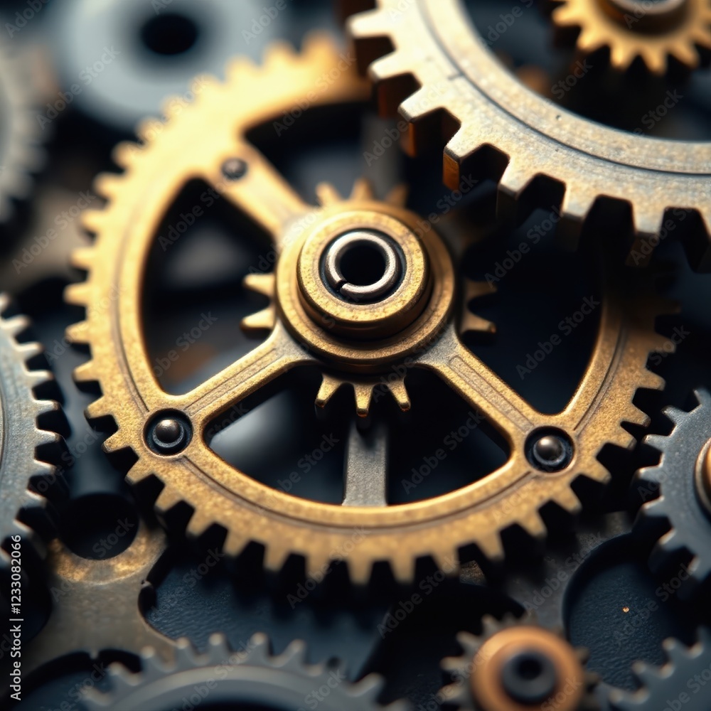Close-up of intricate clockwork gears meshing , cogs, pattern Close-up of intricate clockwork gears meshing , cogs, pattern