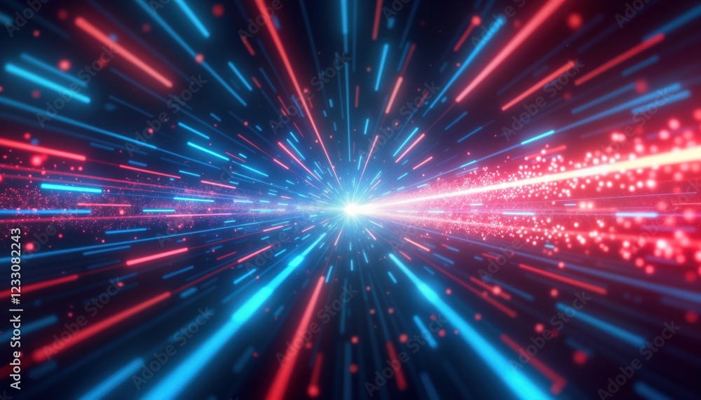 Dynamic abstract tech background shows vibrant red, blue lines in motion. Fast speed effect creates energy. Futuristic, modern design. Digital art style with glowing lines. Intense visual. High tech Dynamic abstract tech background shows vibrant red, blue lines in motion. Fast speed effect creates energy. Futuristic, modern design. Digital art style with glowing lines. Intense visual. High tech