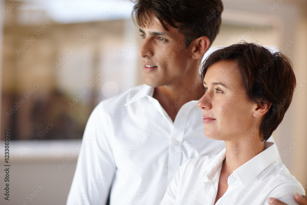 Relax, thinking and couple embrace in home with support, trust and love in happy relationship. Marriage, man and woman in house together on calm morning with planning, affection and partner comfort Relax, thinking and couple embrace in home with support, trust and love in happy relationship. Marriage, man and woman in house together on calm morning with planning, affection and partner comfort