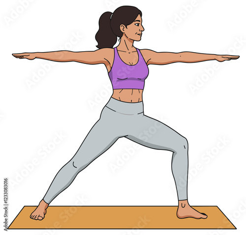 Latin American woman doing warrior 2 yoga pose. Minimalist illustration vector