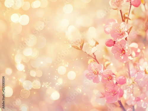 Spring Blossoms: Delicate pink and white blossoms on a branch, bathed in a soft, golden light with a bokeh effect.  A dreamy image perfect for spring themes and celebrations. photo