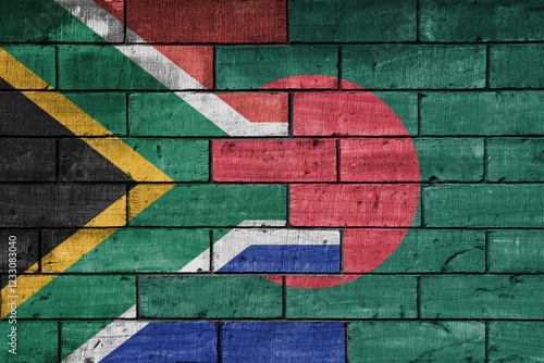 colourful painted big flag of south africa and flag of bangladesh on a massive old brick wall background. concept photo