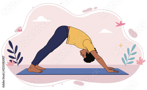 Latin American man doing Downward dog yoga pose. Colorful flat design vector