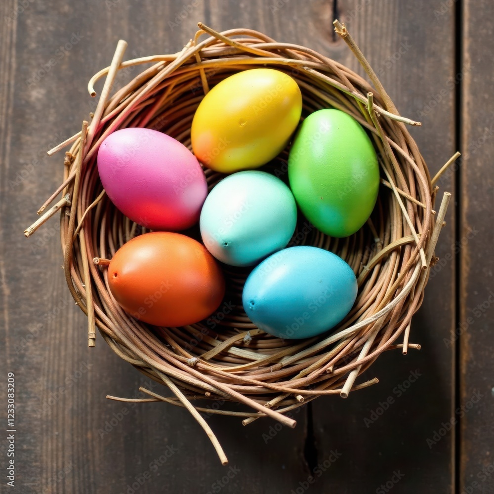 Colorful Easter eggs nestled in straw on rustic wood , texture, stock photo Colorful Easter eggs nestled in straw on rustic wood , texture, stock photo