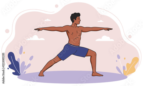 Latin man doing warrior 2 yoga pose. Colorful minimalist illustration