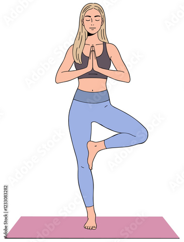 Caucasian woman doing tree yoga pose. Minimalist flat design vector