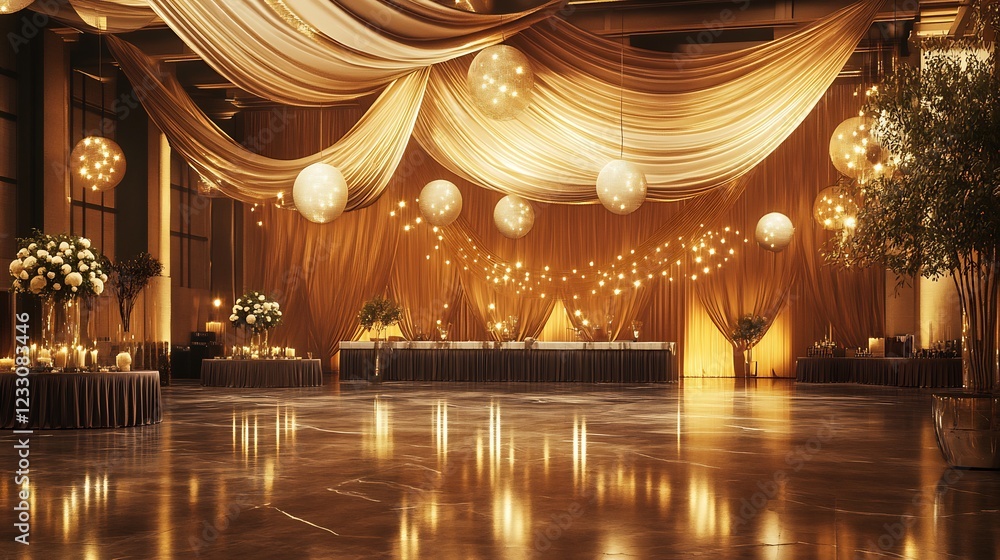 Fototapeta premium Luxurious golden fabric backdrop with smooth gradients and soft streaks of light creating a velvety opulent appearance Diffused lighting enhances its sophisticated photorealistic texture