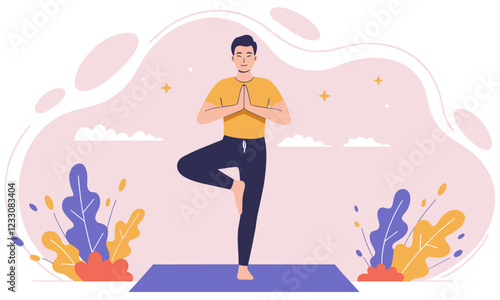 Asian man doing tree yoga pose. Colorful minimalist flat design vector
