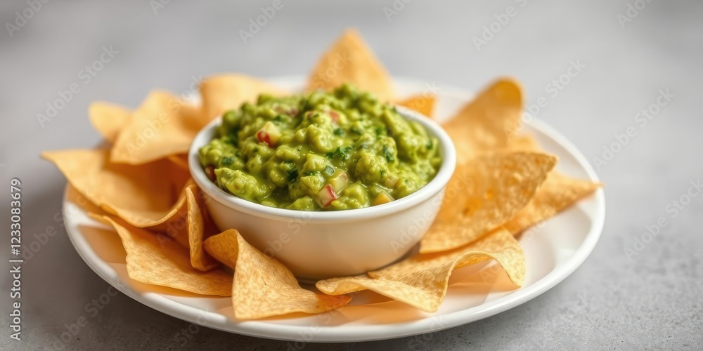 Freshly made guacamole with tortilla chips on a white plate, green and ripe avocados, white plate Freshly made guacamole with tortilla chips on a white plate, green and ripe avocados, white plate