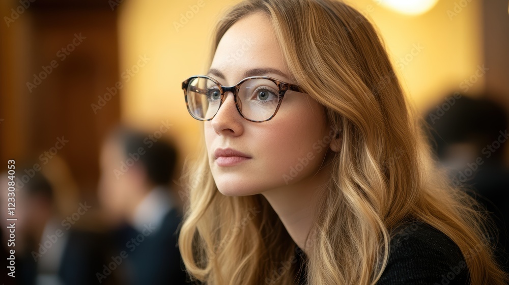 Woman with glasses engaged in thoughtful reflection during a business meeting, illustrating focus and concentration in a professional environment. Woman with glasses engaged in thoughtful reflection during a business meeting, illustrating focus and concentration in a professional environment.