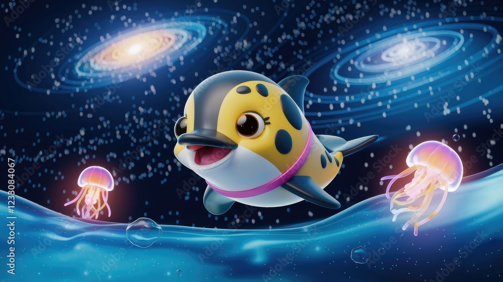 Naklejka premium Cute cartoon dolphin swims in space with jellyfish, galaxies in background.