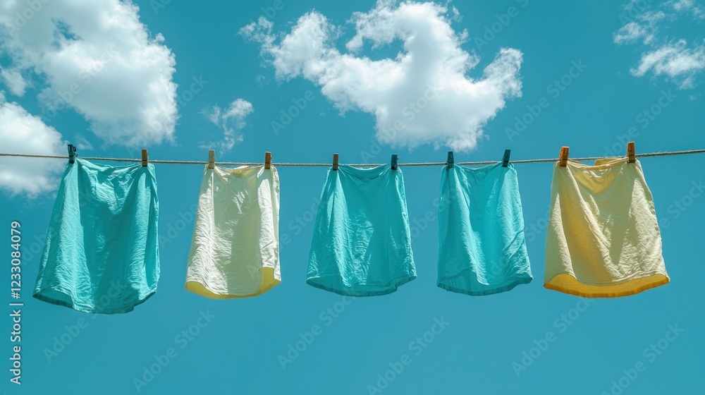 Clothes drying on clothesline under blue sky with clouds Clothes drying on clothesline under blue sky with clouds