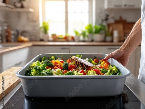 Vegetable Preparation in Modern Kitchen, Healthy Meal Ready for Cooking, Fresh Ingredients in Baking Tray, Vibrant Colors, Home Cooking Scene photo