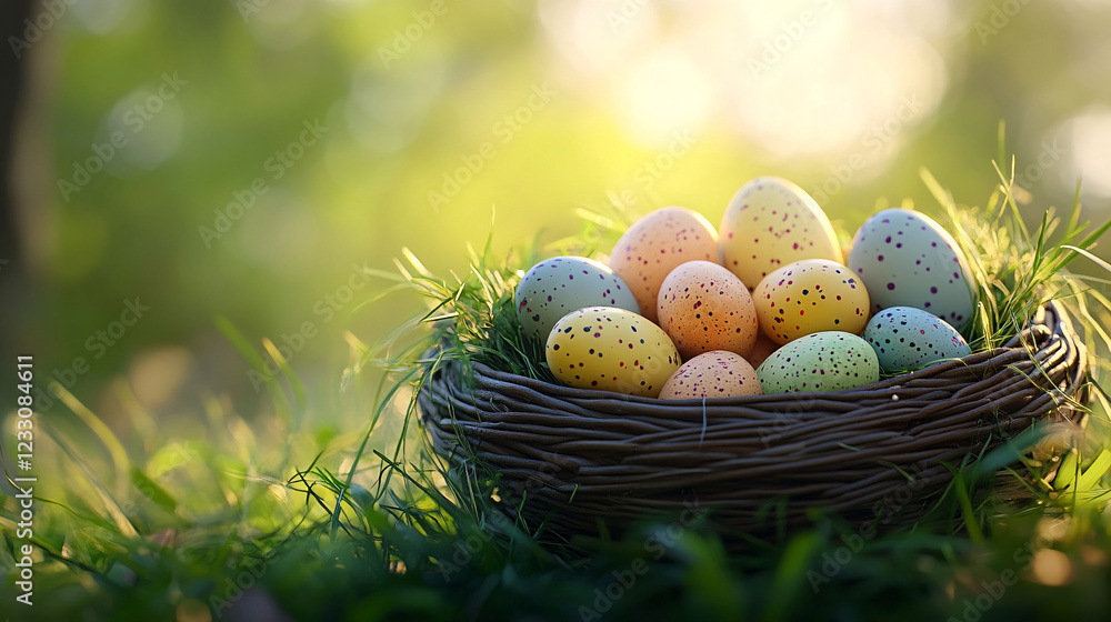 Pile of colorful Easter eggs in a wicker basket, surrounded by soft green grass, dappled sunlight, high detail, photorealistic Pile of colorful Easter eggs in a wicker basket, surrounded by soft green grass, dappled sunlight, high detail, photorealistic