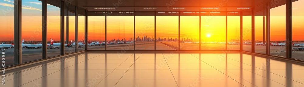 Fototapeta premium Modern airport terminal interior with panoramic windows showcasing sunset view over city skyline and parked airplanes on runway during twilight