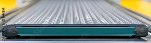 Close-up View of a Conveyor Belt with Smooth Metal Surface and Vibrant Background for Industrial or Commercial Applications photo