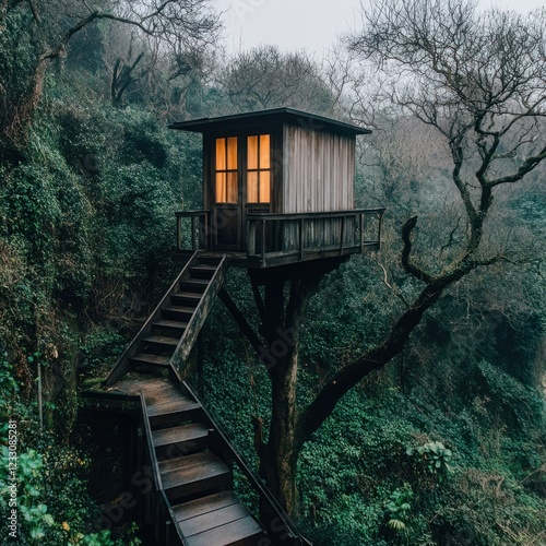 Serene Treehouse Retreat Surrounded by Lush Greenery and Majestic Trees in a Misty Forest Setting with Warm Light Glowing from the Windows photo