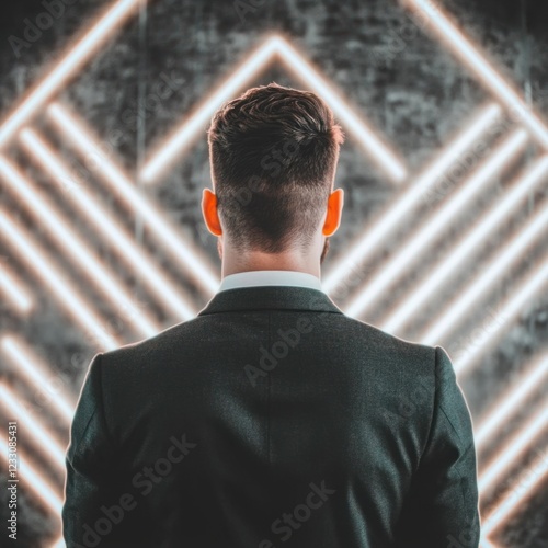 Elegant businessman standing confidently in front of modern neon geometric background showcasing symmetry and light in a professional environment photo