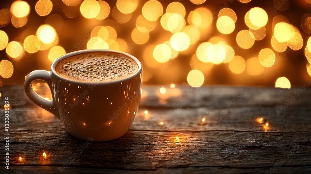 Obraz premium Coffee cup on wooden table with bokeh lights background