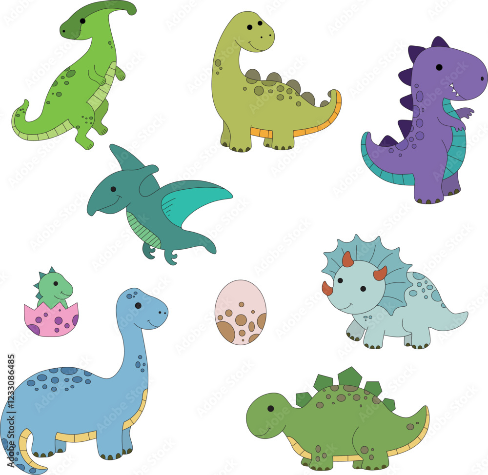 Set of cute dinosaurs. White background, isolated. Vector illustration. Flat style. Set of cute dinosaurs. White background, isolated. Vector illustration. Flat style.
