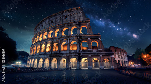 Vista notturna del colosseo sotto un cielo stellato. Stellar Arch. Illustration photo